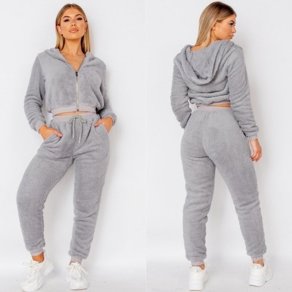 Pants - Gray Teddy Bear Fur Long Sleeve Hooded Crop Top and Joggers Pants Two Piece Set